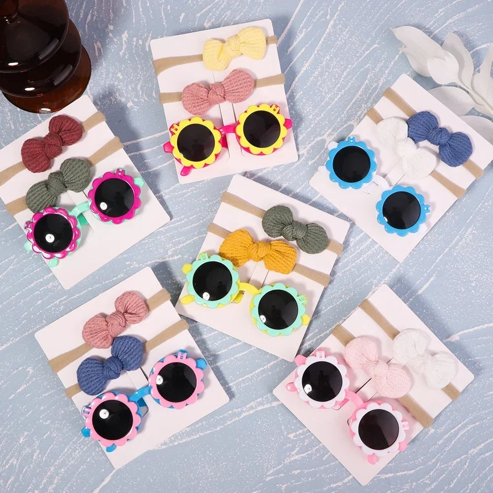 2Pcs/set Kids Summer Round Sunglasses Bows Headband Gift Sets Children Lovely Glasses Protection Hair Accessories for Girls