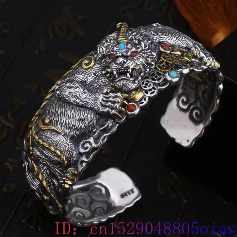 925 Silver Pixiu Tiger Bracelet Natural Jewelry Accessories Amulet Carved Stone Talismans Gifts Designer Bangle Real Gemstone