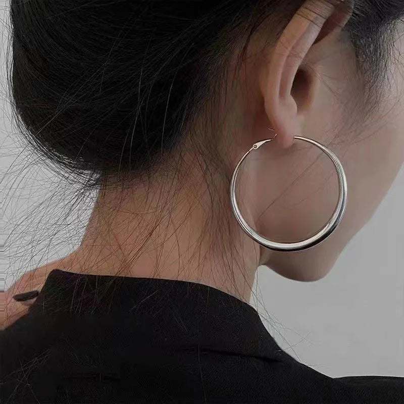 2024 New Trendy Silver Color Big Circle Hoop Earrings for Women Exaggerated Metal Geometric Smooth Round Earrings Jewelry Gift