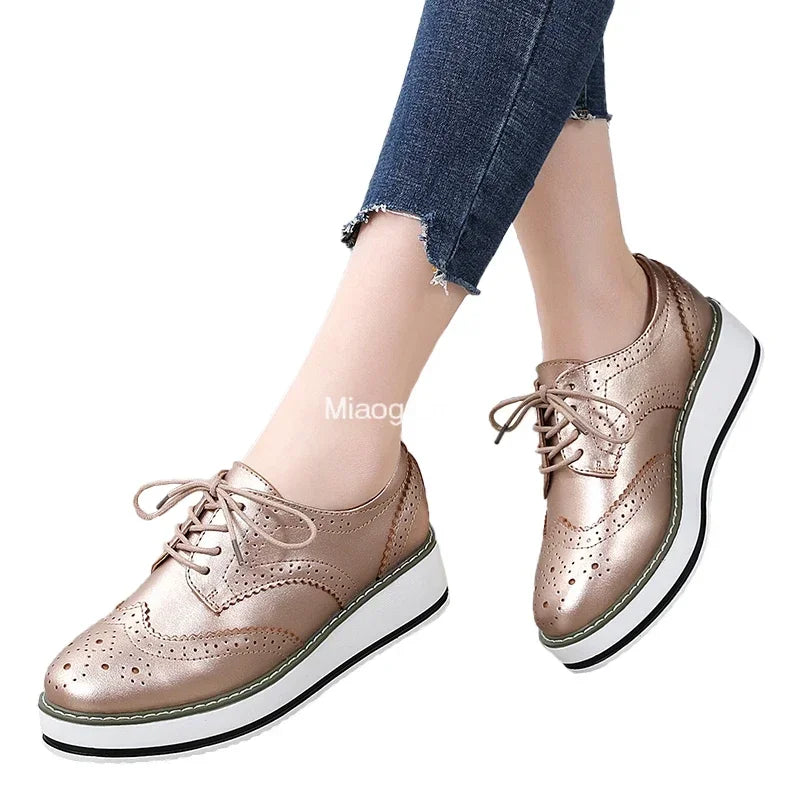 Spring Autumn Women Platform Gold Flats Brogue Leather Lace Up Classic Bullock Footwear Female Oxford Shoes Fashion Casual Lady