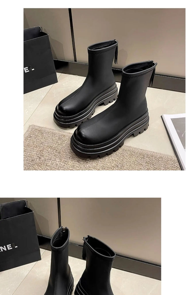 Round Toe Women's Rubber Boots Shoes Boots-Women Winter Footwear Flat Heel Chelsea Zipper Rain High Heel Autumn Ladies 2023 Loli