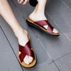 2023 Fashion Men Real Leather Slippers Summer New Black White/red/yellow Cross Over Slippers Men's Leisure Comfort Flat Sandals