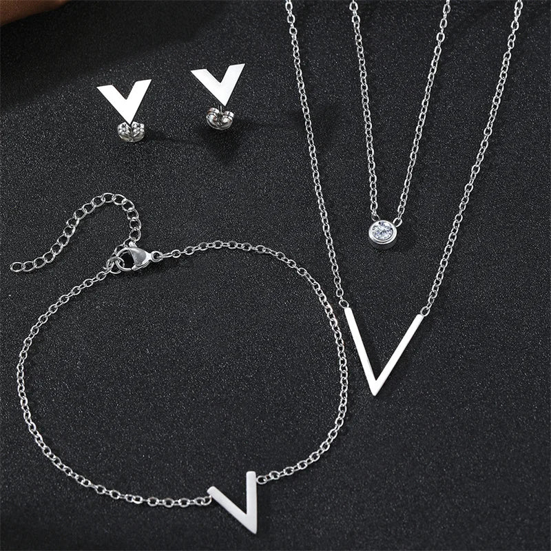 316L Fashion Sweet V-letter Pendant Necklace Bracelet Earrings Micro-inlaid Zircon Colorfast Hip-hop Jewelry Set