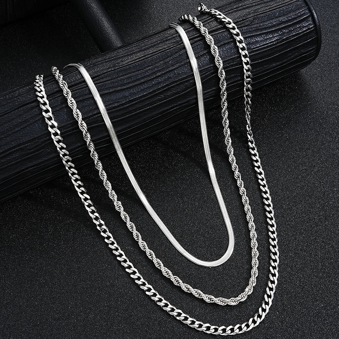 2024 New Simple Stainless Steel Silver Color Jewelry Sets for Men Unisex Punk Vintage Smooth Ring Necklace Bracelet Set Gifts