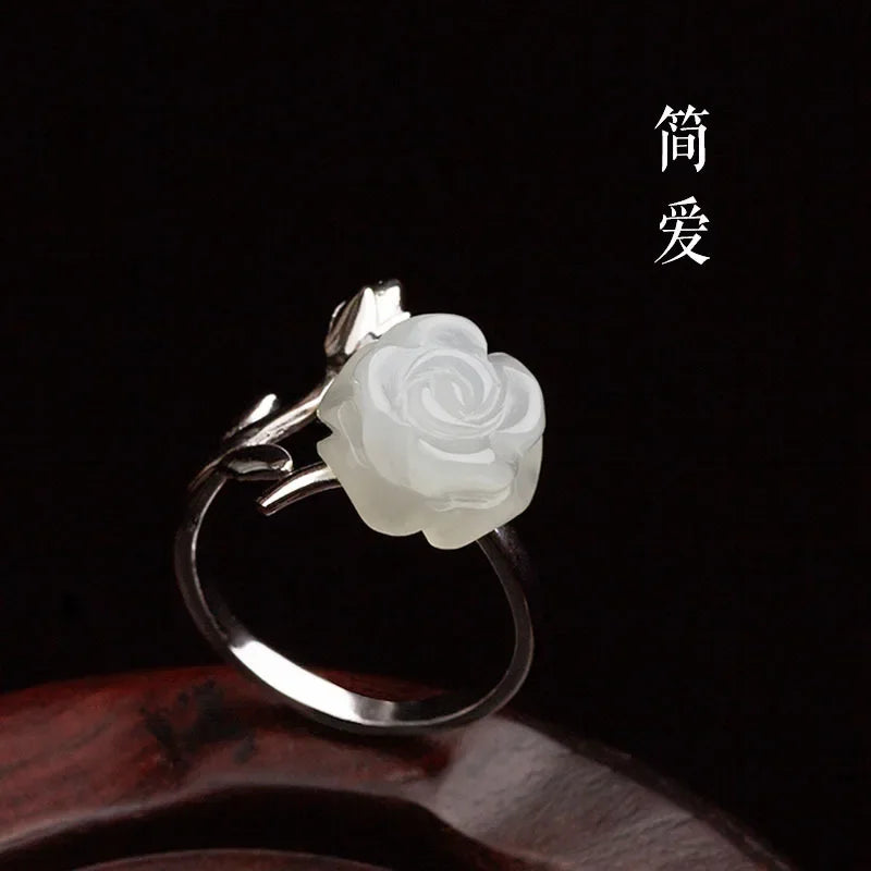 Jade Rose Rings Jewelry Chinese Women 925 Silver Amulet Natural Stone Fashion Gemstones Adjustable Ring Charms Gifts Jadeite