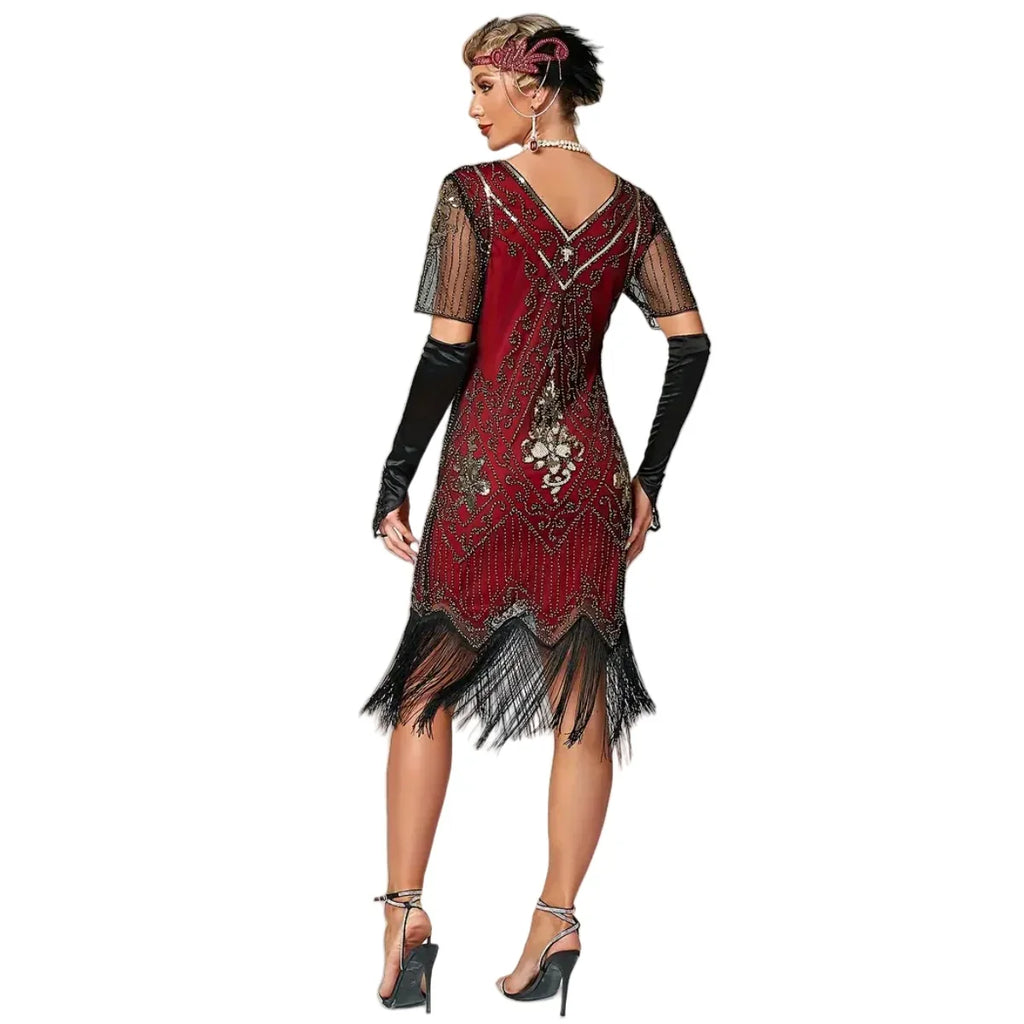 Women's Flapper Dresses 1920s Sequins Art Deco Gatsby Cocktail Dress with Sleeve Sexy V-neck Fringe Fancy Dress