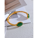 Load image into Gallery viewer, Yhpup Green Natural Stone Stainless Steel Gold Color Cuff Bracelet Bangle Women High Quality Textured Stylish Statement Jewelry
