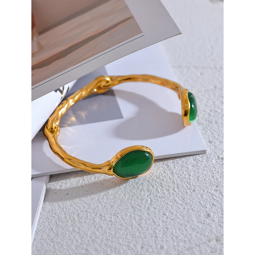 Yhpup Green Natural Stone Stainless Steel Gold Color Cuff Bracelet Bangle Women High Quality Textured Stylish Statement Jewelry