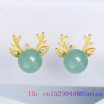 Load image into Gallery viewer, Nephrite Jade Deer Earrings Carved Charm Designer Amulet Ear Studs Energy Gift Natural 925 Silver Amulets Gemstones Green
