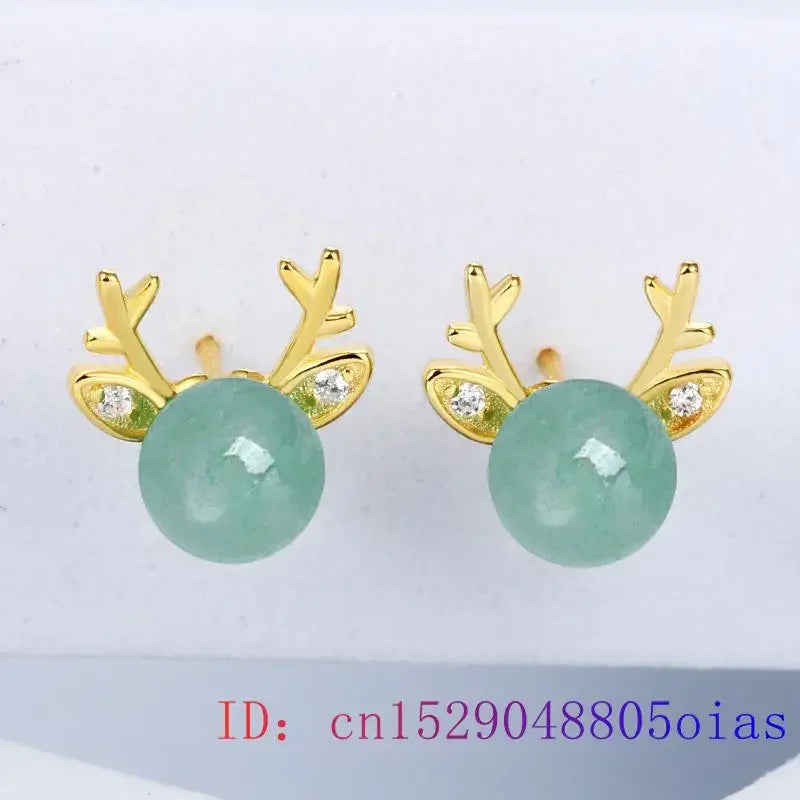 Nephrite Jade Deer Earrings Carved Charm Designer Amulet Ear Studs Energy Gift Natural 925 Silver Amulets Gemstones Green