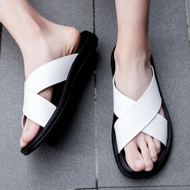 2023 Fashion Men Real Leather Slippers Summer New Black White/red/yellow Cross Over Slippers Men's Leisure Comfort Flat Sandals