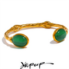 Yhpup Green Natural Stone Stainless Steel Gold Color Cuff Bracelet Bangle Women High Quality Textured Stylish Statement Jewelry