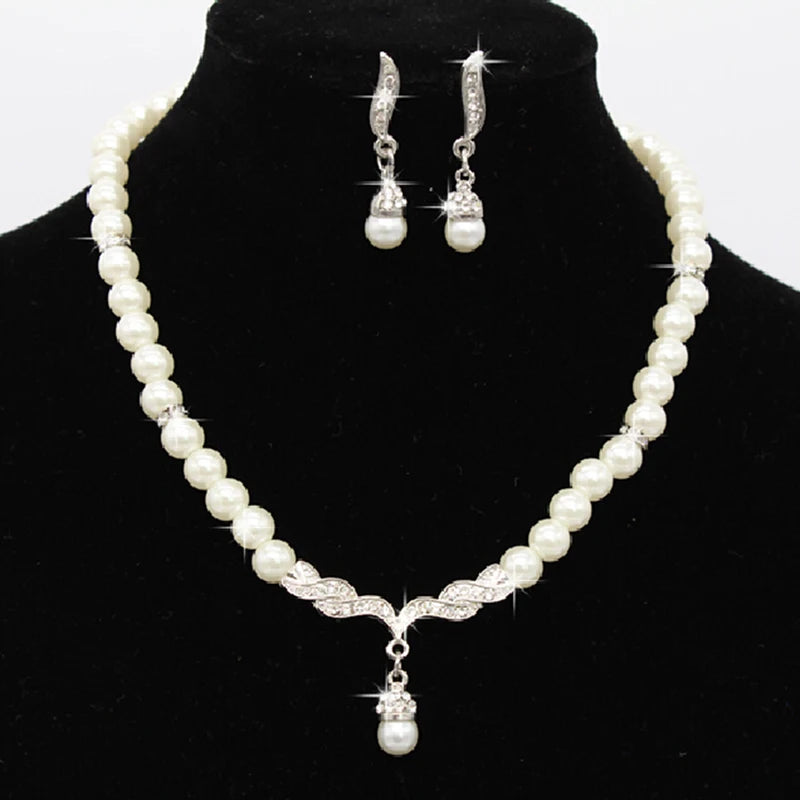 Elegant Women Bridal Wedding Party Pearl Rhinestone Necklace Earrings Jewelry Set New Fashion