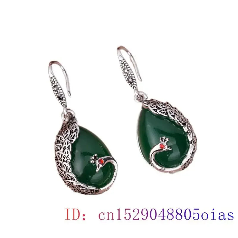 Green Jade Peacock Earrings Gifts Charm Amulet Jewelry Crystal Retro Gemstone Fashion Natural Women Chalcedony 925 Silver