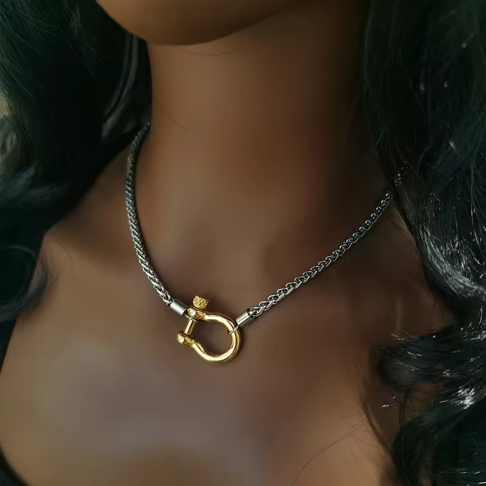 Non Tarnish Waterproof Jewelry 18K Gold Plated Stainless Steel Rope Chain Choker Necklace Two Tone Horseshoe Necklace YF3383