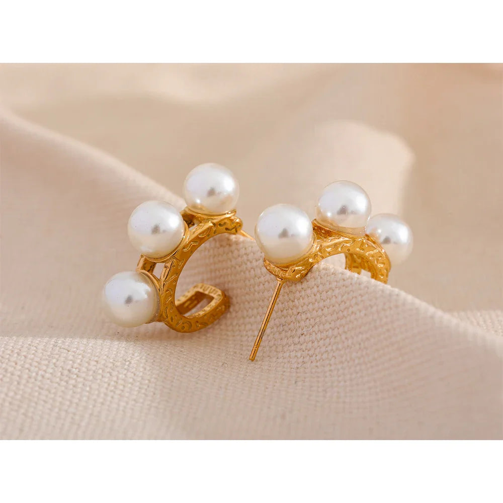 Yhpup Vintage Imitation Pearls Golden Stainless Steel Geometric Hollow Earrings Exquisite 18k PVD Plated Korean Charms Jewlery