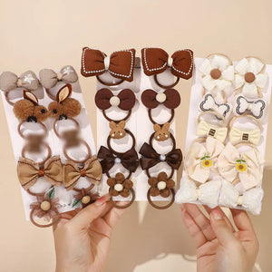 10Pcs Girl Cartoon Hair Band Bow Hair Ties Lovely Colors Flower Ponytail Holder Children Scrunchies Rubber Kids Hair Accessories