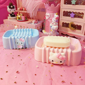 Hello Kitty Kawaii Soap Tray Cartoon Sanrio Melody Soap Dishes Non-slip Drain Travel Home Bathroom Soap Box Bathroom Accessories