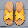 2023 Fashion Men Real Leather Slippers Summer New Black White/red/yellow Cross Over Slippers Men's Leisure Comfort Flat Sandals