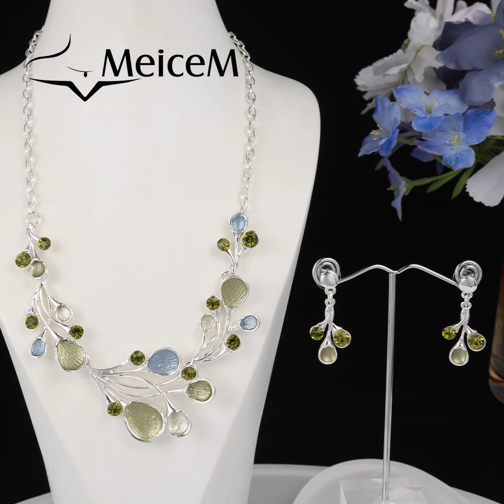 MeiceM Women Necklace Set Jewelry Silver Plated New Designer Leaf Drop Earrings Female Enamel Necklaces Sets for Women Party