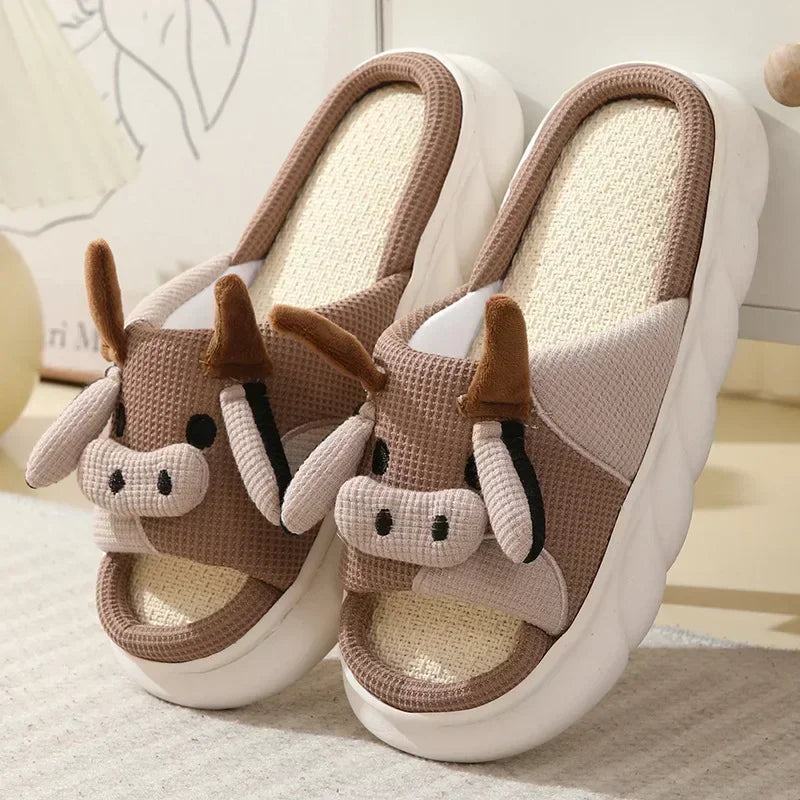 Four Seasons Indoor Home Sandals Cute Cartoon Frog Milk Cow House Slippers Personalized Couple Slides Women Linen Slippers