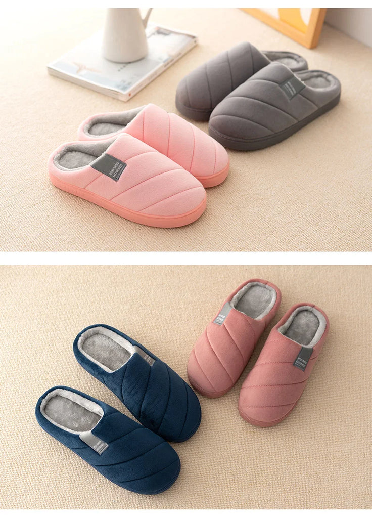 Large Size Men'S Cotton Shones Winter Casual Warm Plush Women Men Special Indoor Slippers Couples Non-Slip Stripe Slide Slipper