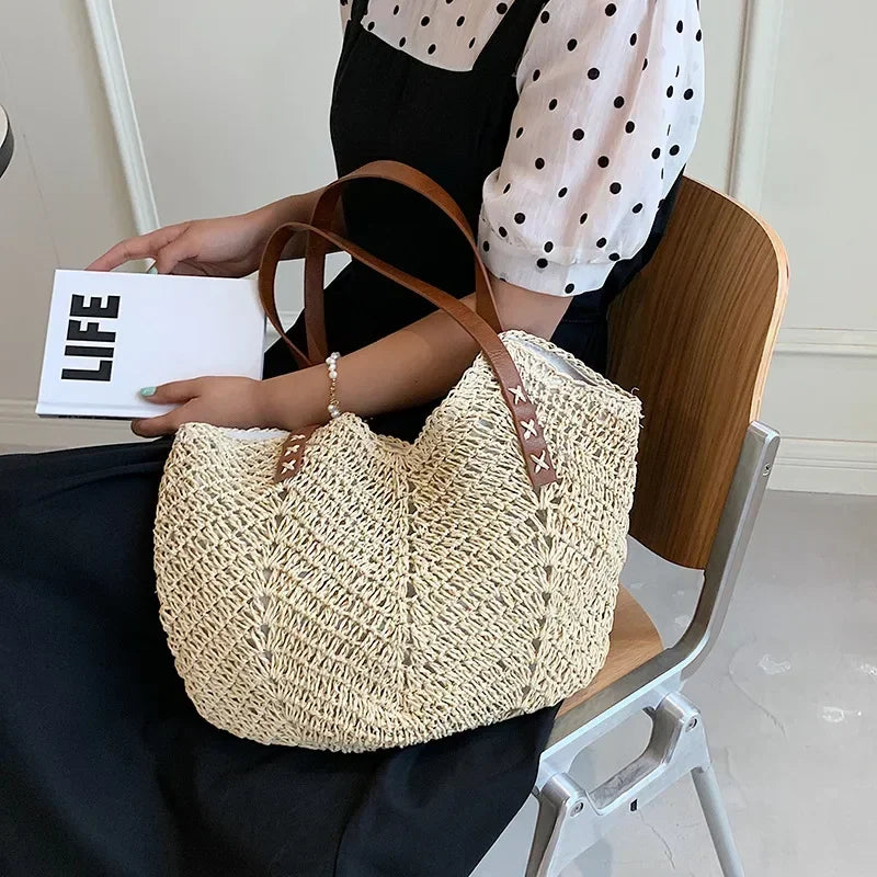 Summer Straw Bags for Women Straw Shoulder Bags Rattan Woven Top Handle Bag Hollow Raffia Crochet Beach Bag Casual Handbags 2023