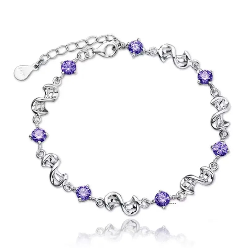 Hot luxury designer 925 Sterling Silver Purple crystal Lucky Clover Bracelets for women fashion party wedding Jewelry 17CM+4CM