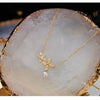 Flower World~ S925 Silver Plated 18K Gold Clover Zircon Bead Pearl Pendant Necklace Clavicle Chain Premium Sense