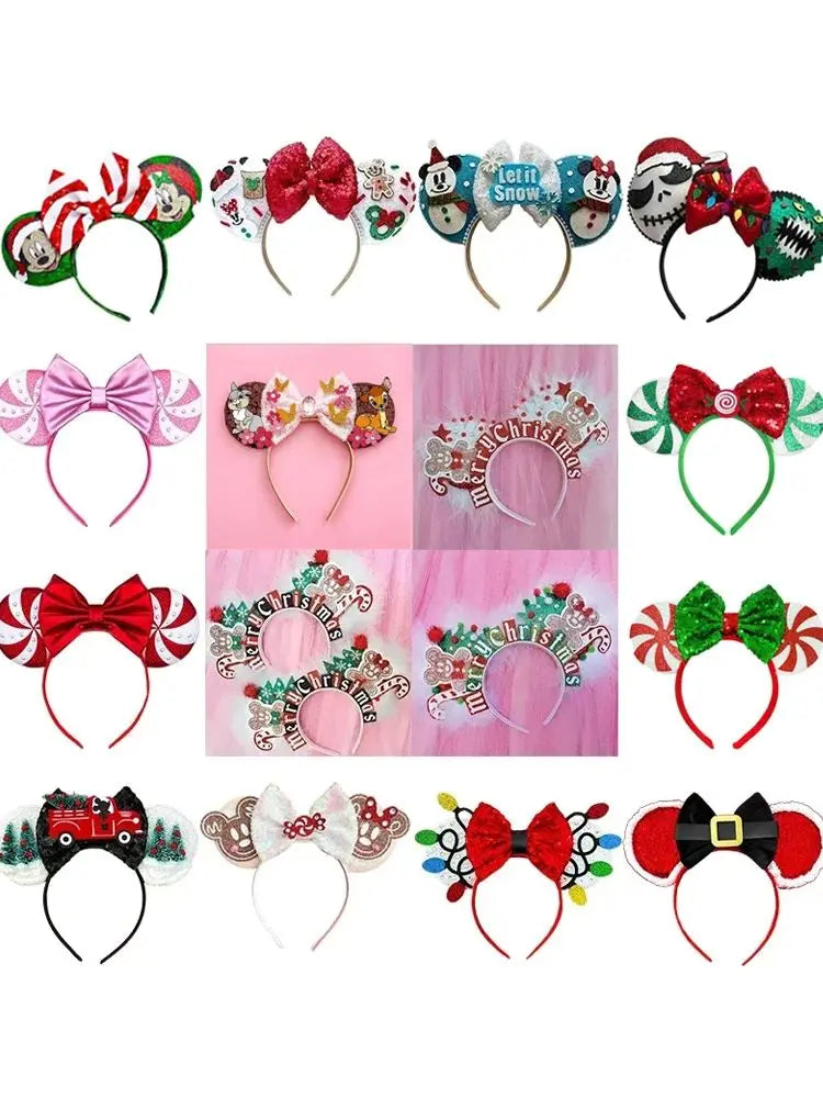 Merry Christmas Mickey Mouse Ears Headband Disney Girl Hair Accessories For Women Candy Cane Hairband Kids Xmas Headwear