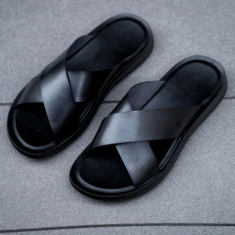 2023 Fashion Men Real Leather Slippers Summer New Black White/red/yellow Cross Over Slippers Men's Leisure Comfort Flat Sandals