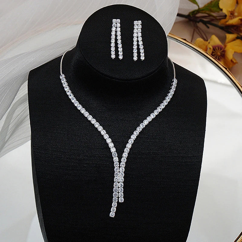 2Pcs Simple Geometric Zircon Necklace Earrings Kit For Women Wedding Bride Jewelry Set Accessories Gift