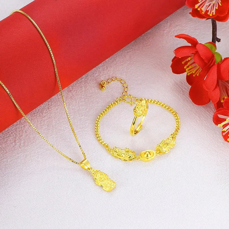 Fashion Vietnam Sand Gold Pixiu Pendant Set Plated 24K Gold Women's Gold ingot Bracelet Ring Jewelry