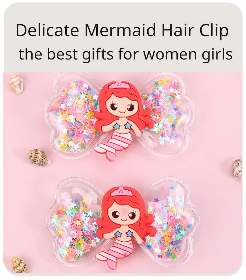 ncmama 2Pcs Lovely Mermaid Hair Clips For Baby Girls Quicksand Sequins Star Bows Hairpin Kids Headwear Boutique Hair Accessories