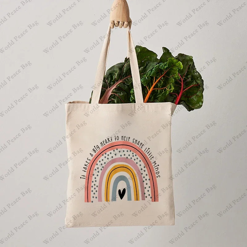 1 Pc It Takes A Big Heart To Shape Little Minds Rainbow Pattern Tote Bag Canvas Shoulder Bag Women's Reusable Shopping Bag