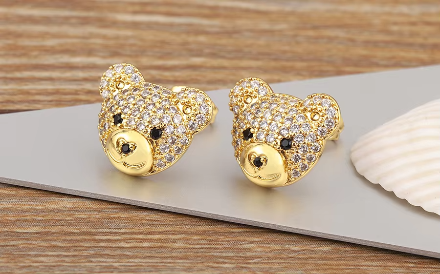 Nidin New Arrival Fashion Cute Zircon Little Bear Stud Earrings 8 Colors For Women Girls Ear Jewelry Accessories Delicate Gifts
