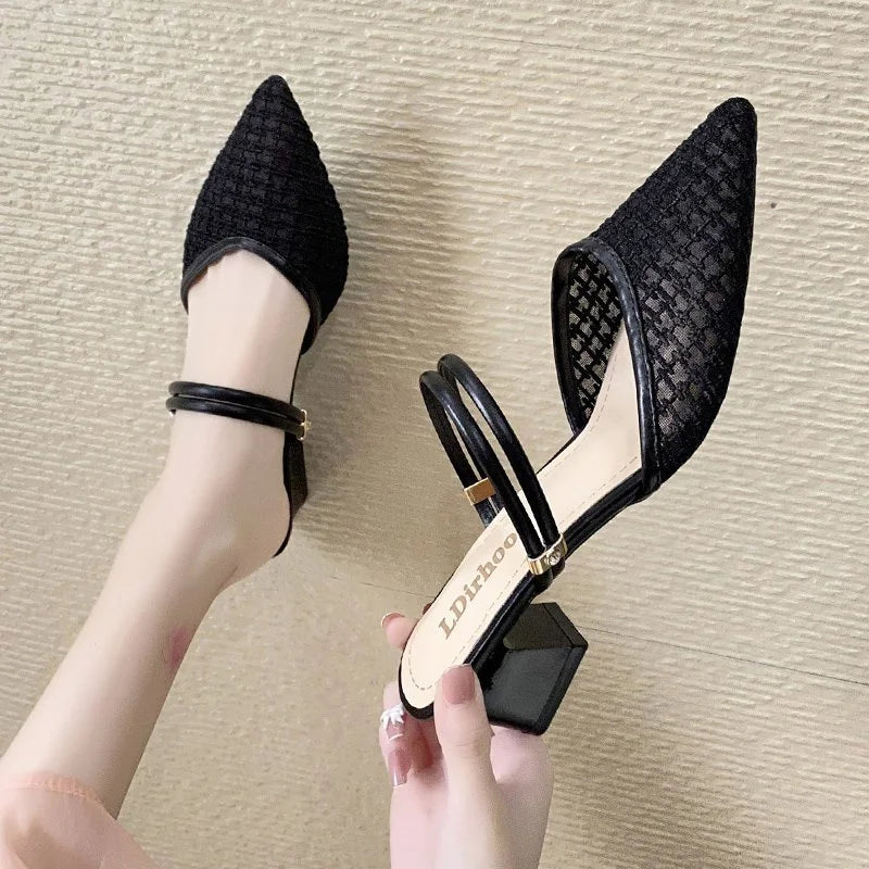 2024 Spring and Autumn New Style Fashionable, Comfortable, Casual and Versatile Sandals Pointed Toe Thin Heels Mesh Slippers