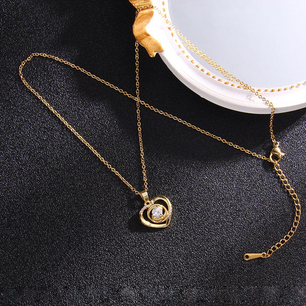 Stainless Steel & Copper Valentine's Day Necklace For Women Gold Color Heart Clear Cubic Zirconia Necklace Jewlery 40cm long