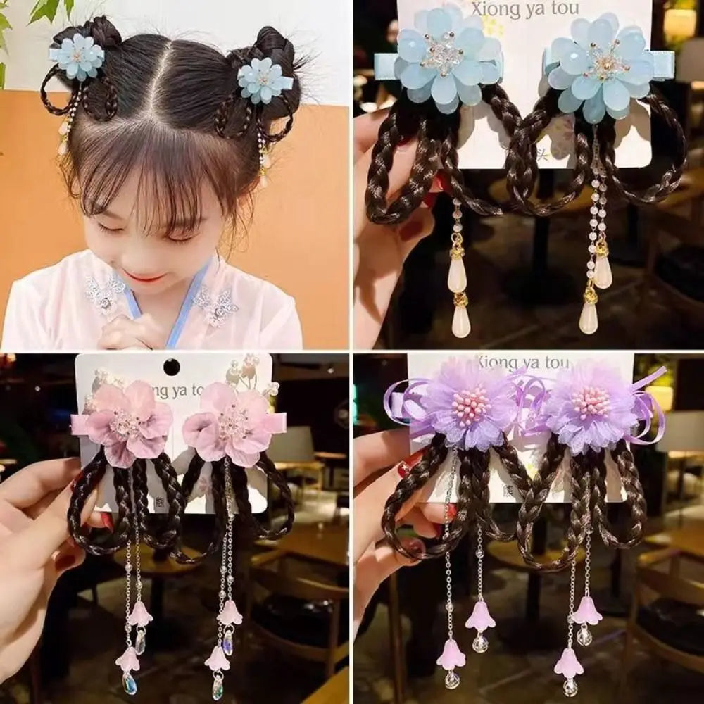 2 Pcs/Set Children Cute Chinese Style Wig Pendant Flower Hair Clips Girls Lovely Sweet Barrettes Hairpins Kids Hair Accessories