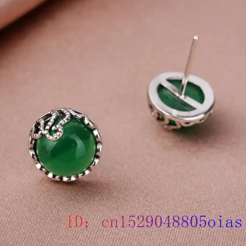 Green Jade Ear studs Crystal Chalcedony Jewelry Gemstone Fashion Zircon Women 925 Silver Charm Amulet Retro Earrings Natural