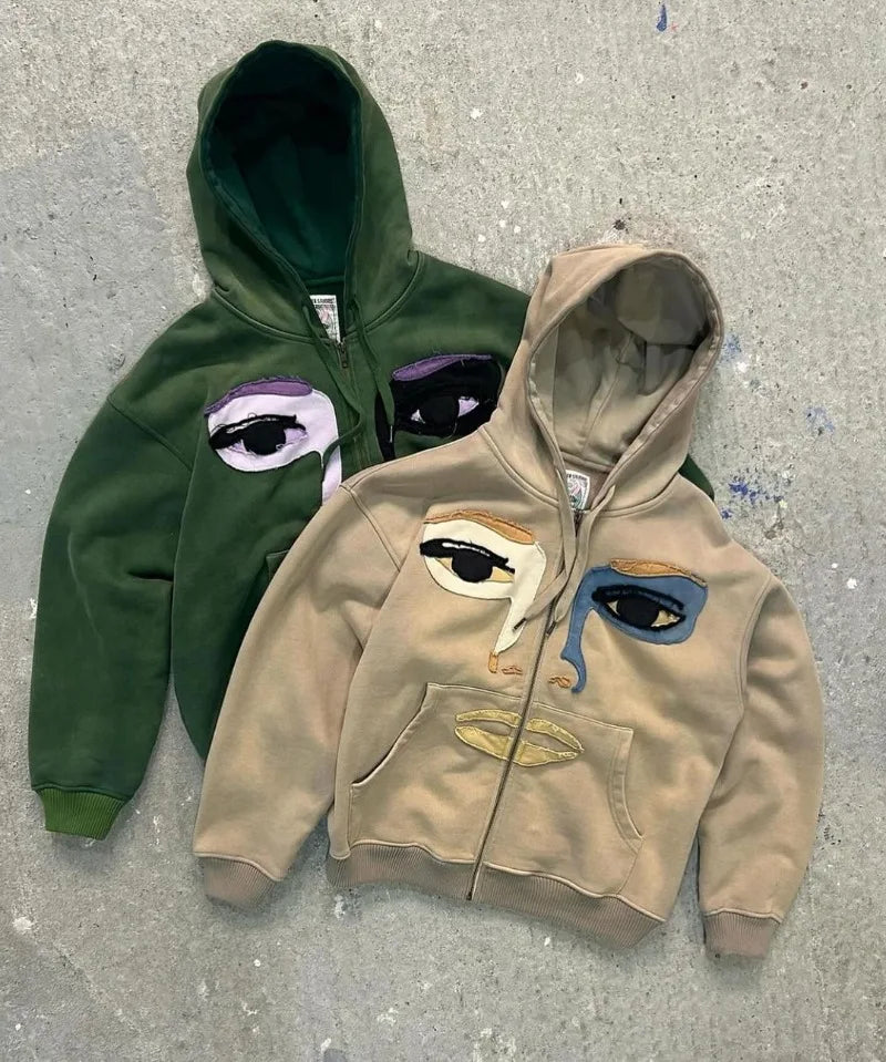 American High Street Fashion Brand Y2k Cartoon Embroidery Oversized Hoodie Men Street Retro Hip-hop Casual Zipper Hoodie  Women