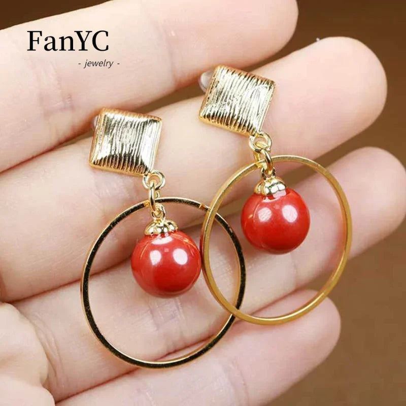 Natural Imperial Sand Premium Feeling Earrings Delicate Fashion Imitation Gold Cinnabar Earrings Girlfriend Mom Gift