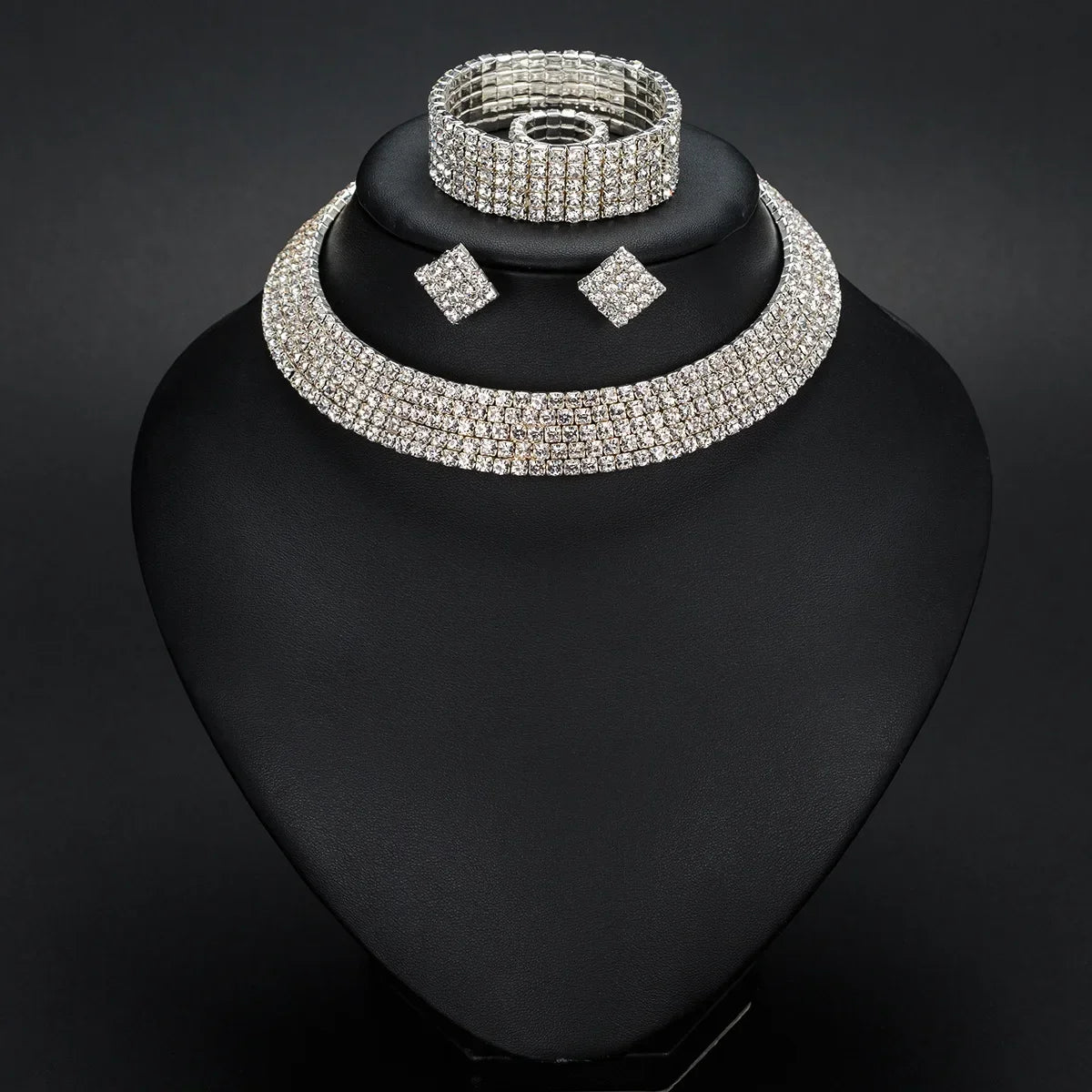 2024 europe and america fashion necklace earring ring bracelet four piece set hollow diamond  pattern headwear wholesale jewelry