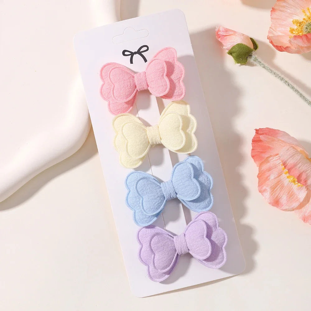 4Pcs/set Candy Colored Hair Clip Set for Girls Double Layered Bow Cute Bangs Hair Pin Cotton Safe Kids Baby Hair Accessories