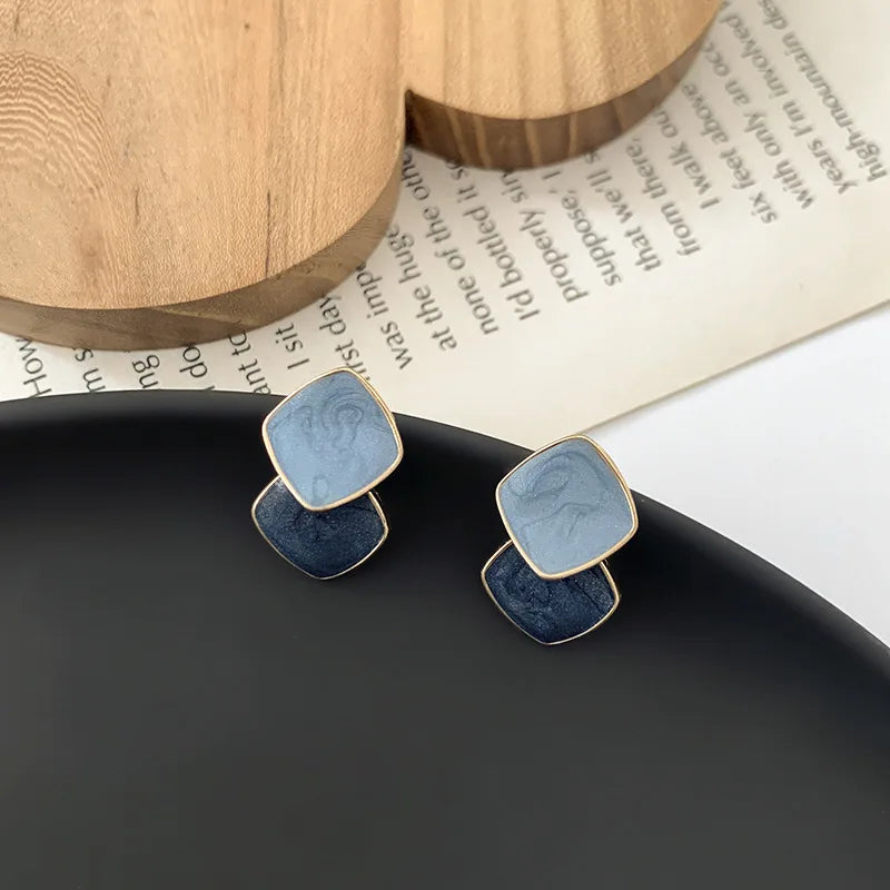 Bohemian Square Blue Zircon Stud Earrings For Women Fashion Enamel Geometric Pendant Earrings Charms Vintage Daily Jewelry Gift