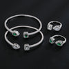 LXOEN 2pcs Pack Green Silver Color Bride Jewelry Set Halo Engagement Ring Adjustable Open Bracelet for Wedding Gift Christmas