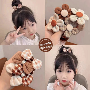4Pcs/Set Cute Warm Color Flower Bow Elastic Hair Bands For Girls Ponytail Holder Hair Tie Scrunchie Kids Lovely Hair Accessories
