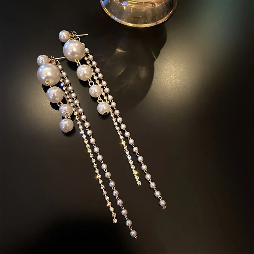 Korean Imitation Pearl Tassel Long Earring Personality Simple Temperament Stud Earrings for Women Party Jewelry Valentine's Gift