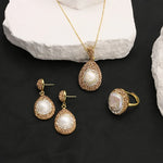 Load image into Gallery viewer, Natural Baroque Pearl Inlaid Water Diamond Women's Jewelry Set Necklace Earrings Ring Ladies Exquisite Jewelry
