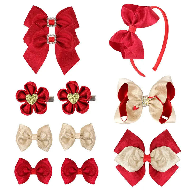 Happy New Year Bows Hair Clips Red Hair Bands Hair Accessories For Girls Rhinestone Barrettes Headwear Floral Hairpins Kids Gift